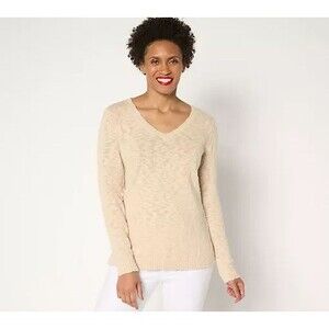 Belle Beach Sweater Womens XL Beige V Neck 100% Cotton Knit Pullover Long Sleeve